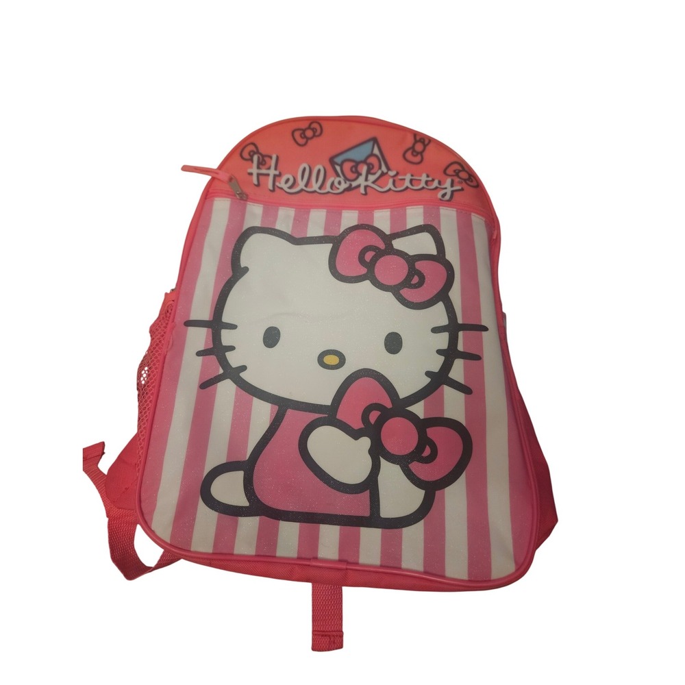 Sanrio Hello Kitty Pink Striped School Backpack Bag with Mesh Pocket